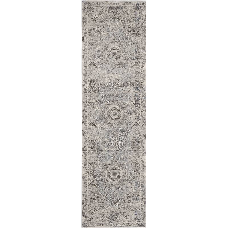 Grand Expressions Center Medallion Area Rug - 2'2" x 7'6" Runner - Dark Grey Ivory - Runner/Rectangle