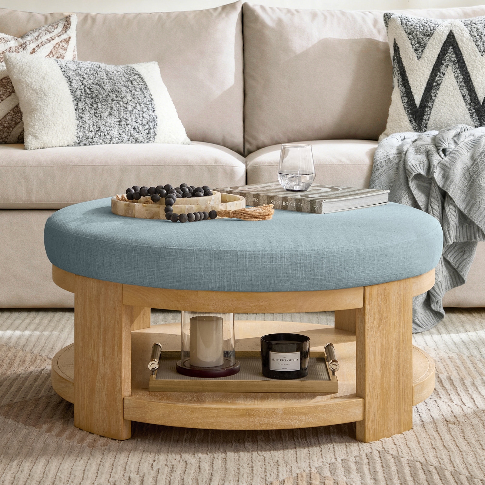 Zenith Modern 40" Round Cocktail Ottoman with Solid Wood Base and Quick Assembly By HULALA HOME