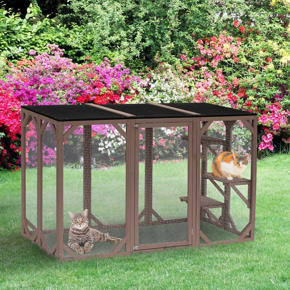 PawHut Wooden Outdoor Cat House Catio Kitten Enclosure Indoor Cage with Asphalt Roof, Multi-Level Platforms and Large Enter Door