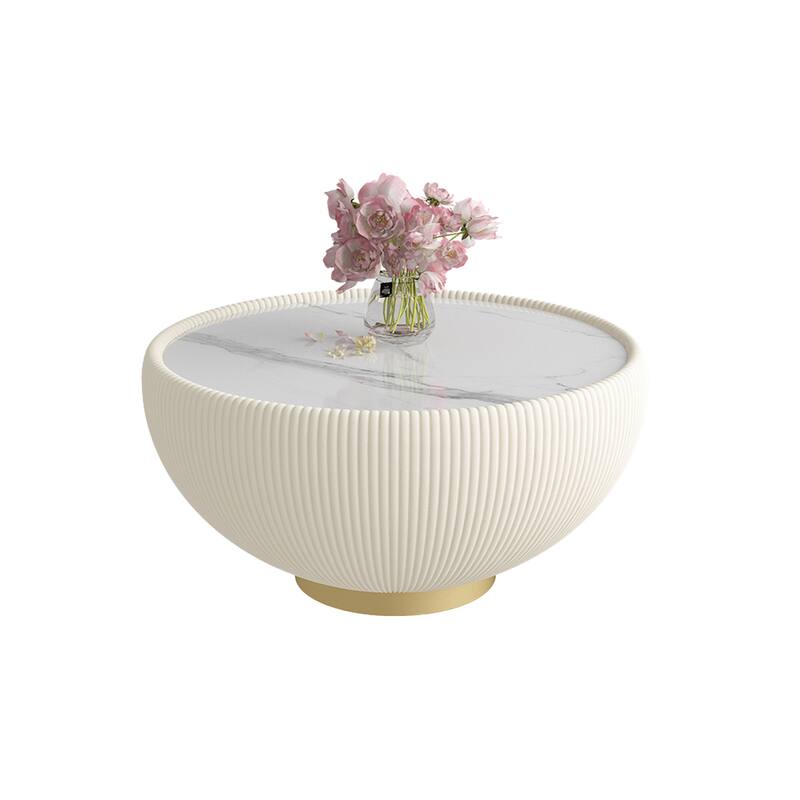 Modern Light Marble Top Cup Shape Leather Edge Coffee Sofa Side Table - Beige+Gold-29.53"