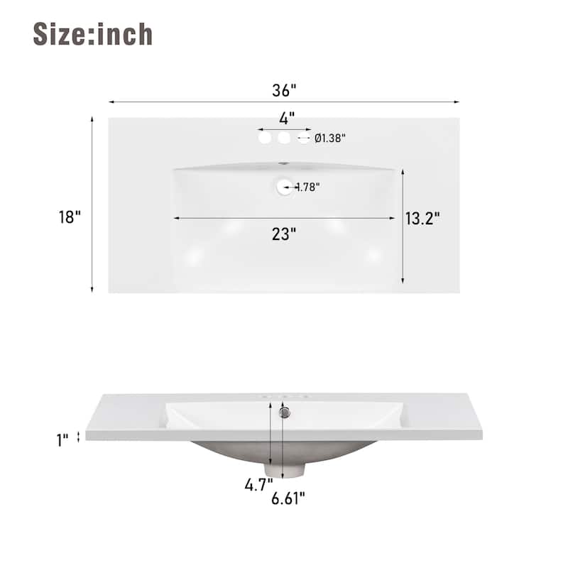 Roomfitters 36x18" Rectangular Bathroom Vanity Top Resin Sink, 3 Hole Countertop Basin for 4" Faucet, White