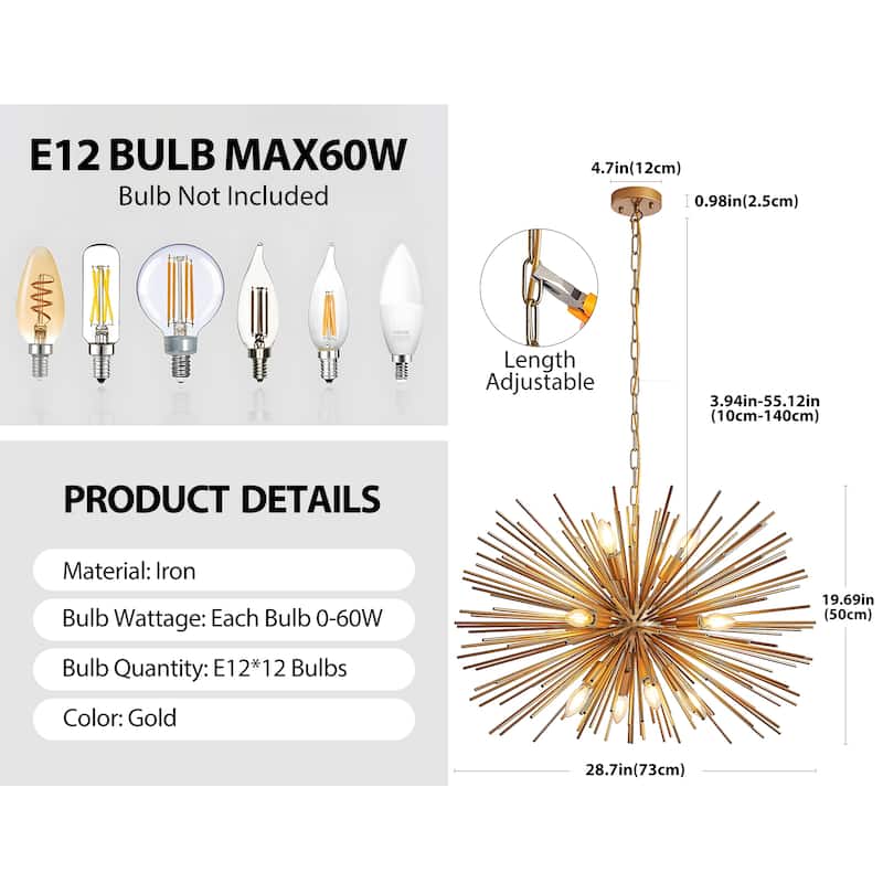 29" 12-Light Starburst Chandelier Gold Sputnik Pendant Light Fixture for Living Room, Dining Room(Bulb Not Included)