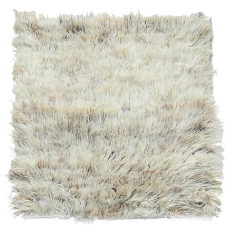 Shahbanu Rugs Beige, Hand Knotted Shaggy Moroccan, Exotic Texture Undyed Natural Wool, Square Oriental Rug (3'0" x 3'0")