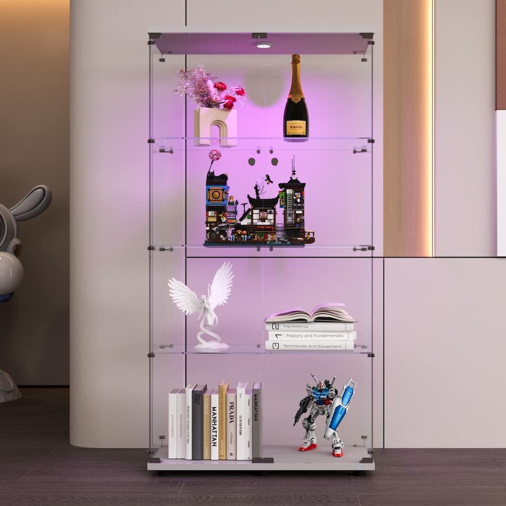 Two-Door LED Lights Glass Display Cabinet w/4 Shelves, Floor Standing Bookshelf for Living Room Bedroom Study or Collection Room
