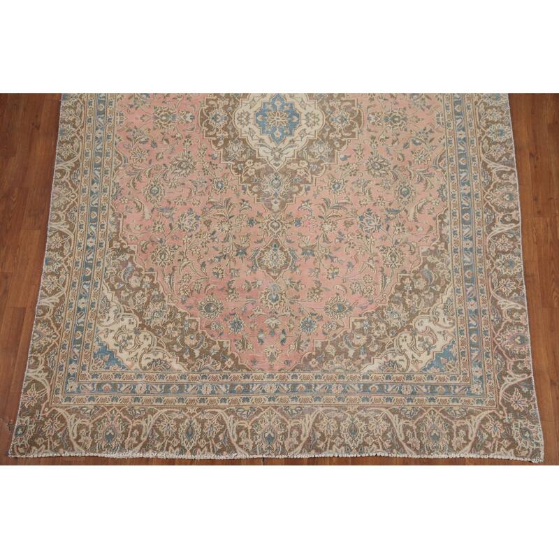 Hand Knotted Oriental 100% Wool Carpet Traditional Floral Pink Mashad Area Rug - 9' 8'' X 6' 7''