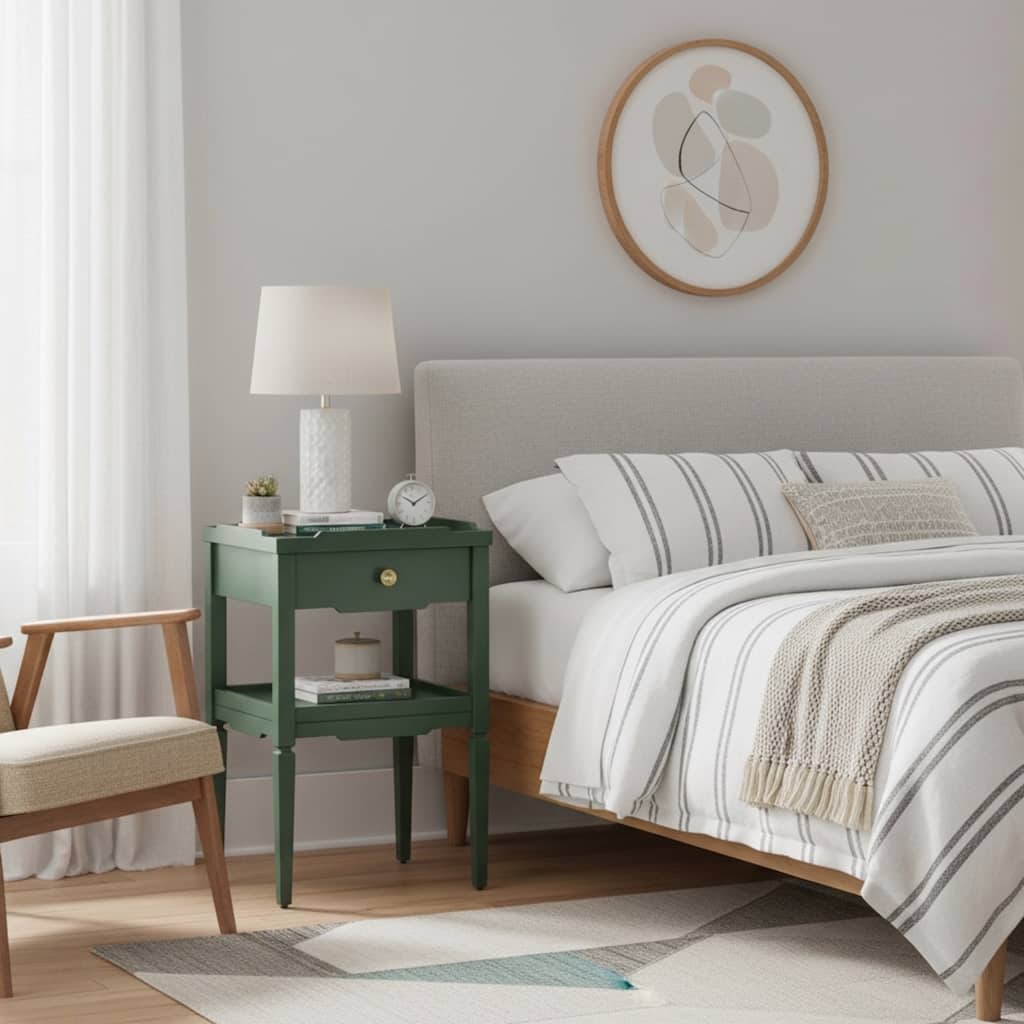 Vintage Green 1-Drawer Nightstand with Gold Accent and Tapered Legs