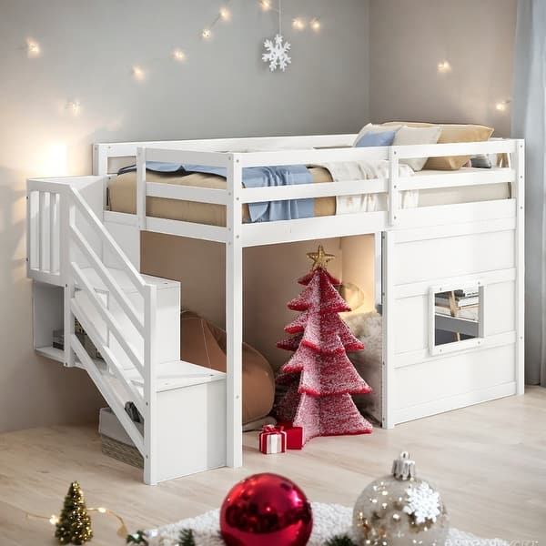 slide 2 of 32, Elegant Twin Size Loft Bed with Storage Staircase and Window, White White