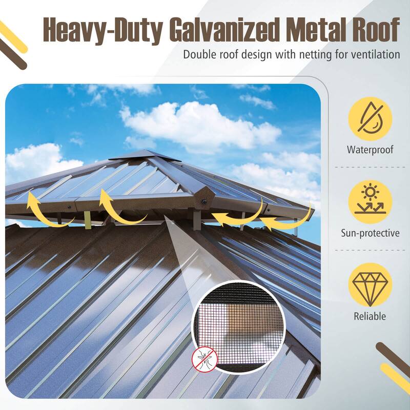 Costway 10 x 10 FT Hardtop Gazebo with Netting Heavy-Duty Double-Roof - Coffee