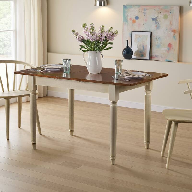 Jeby Dining Table, 39-50 Inch Brown Expandable Leaf, Turned Ivory Legs