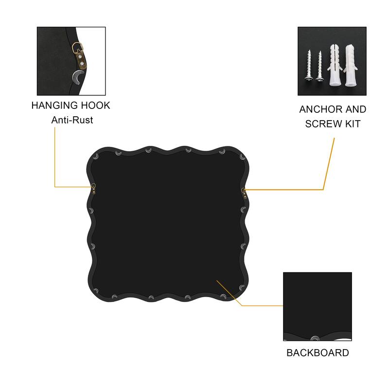 Roomfitters 36" x 36" Solid Wood Wavy Square Mirror, Modern Wall Decor for Bathroom & Entryway, Black