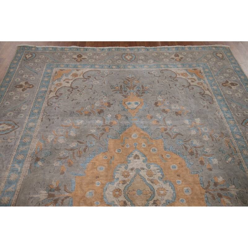Hand Knotted Oriental 100% Wool Carpet Traditional Medallion Greys & Charcoal Tabriz Area Rug - 9' 9'' X 6' 7''