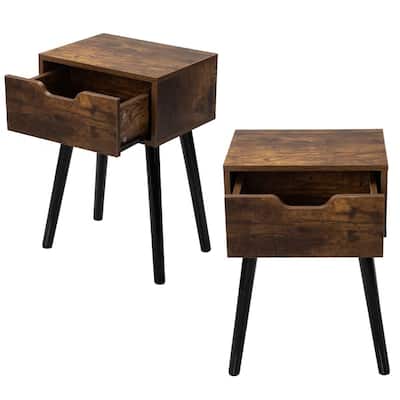 Set of 2 Modern Mid Century Farmhouse Nightstand End Tables with Single Drawer and Black Tapered Legs
