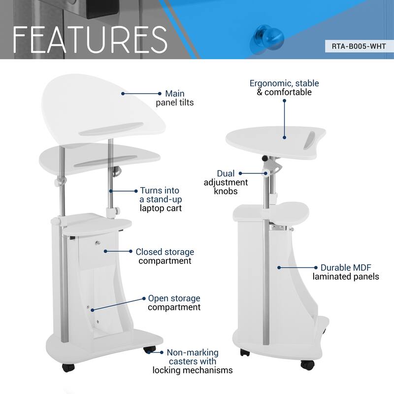 Sit-to-Stand Rolling Adjustable Laptop Cart With Storage, White