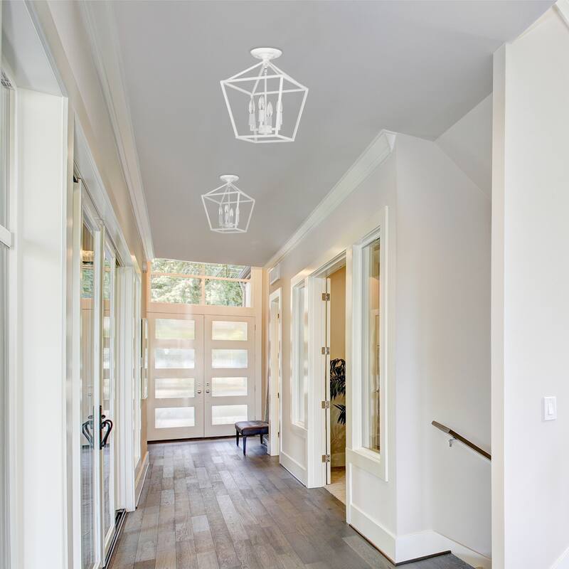 12 in. 4-Light Farmhouse Caged White Semi- Flush Mount Ceiling Light - N/A
