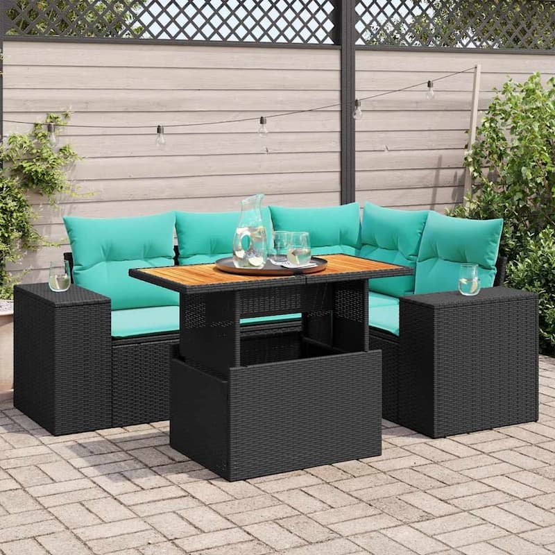 vidaXL Patio Sofa Set with Cushions Outdoor Furniture 5 Piece Poly Rattan - Black-with storage - 21.7 x 24.4 x 27.2