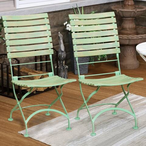 Sunnydaze Cafe Couleur Folding Chestnut Wooden Folding Chair - Green - Set of 2 - N/A