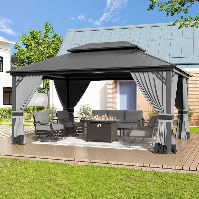 Outdoor Hardtop Gazebo Galvanized Steel Roof & Aluminum Frame, Patio Canopy Pergola w/ Mosquito Net & Curtain