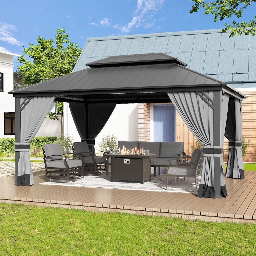 Outdoor Hardtop Gazebo Galvanized Steel Roof & Aluminum Frame, Patio Canopy Pergola w/ Mosquito Net & Curtain