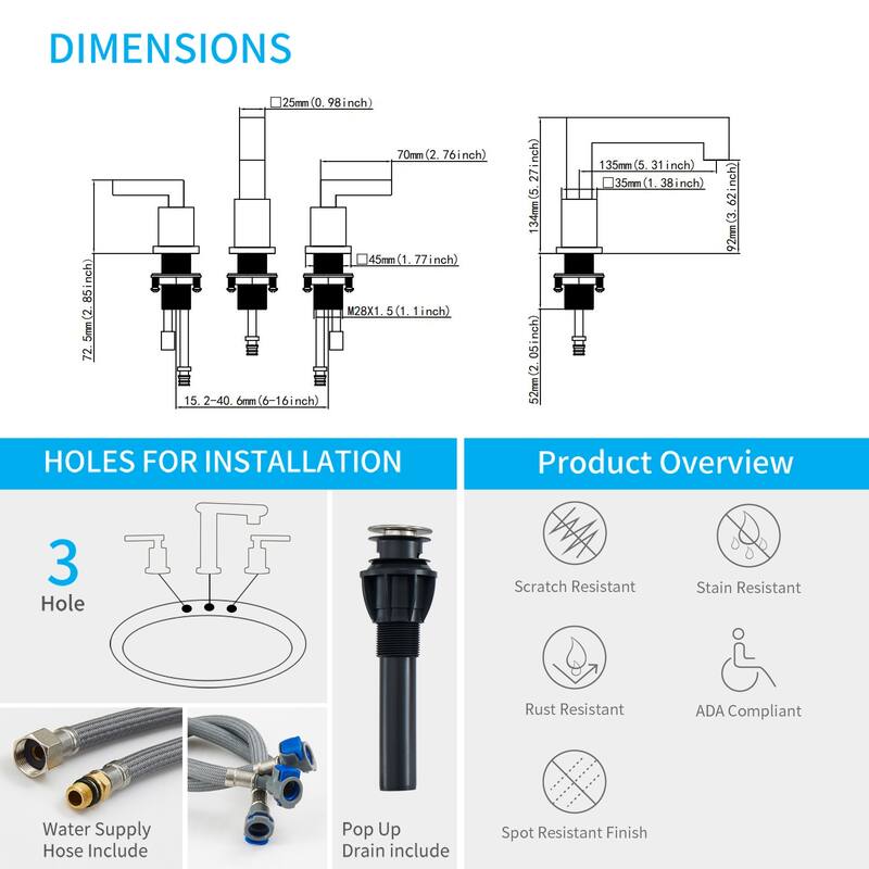 Modern 2 Handle Waterfall Bathroom Sink Faucet with Pop Up Drain Assembly and Lead Free Supply Hose, Rust Resistant
