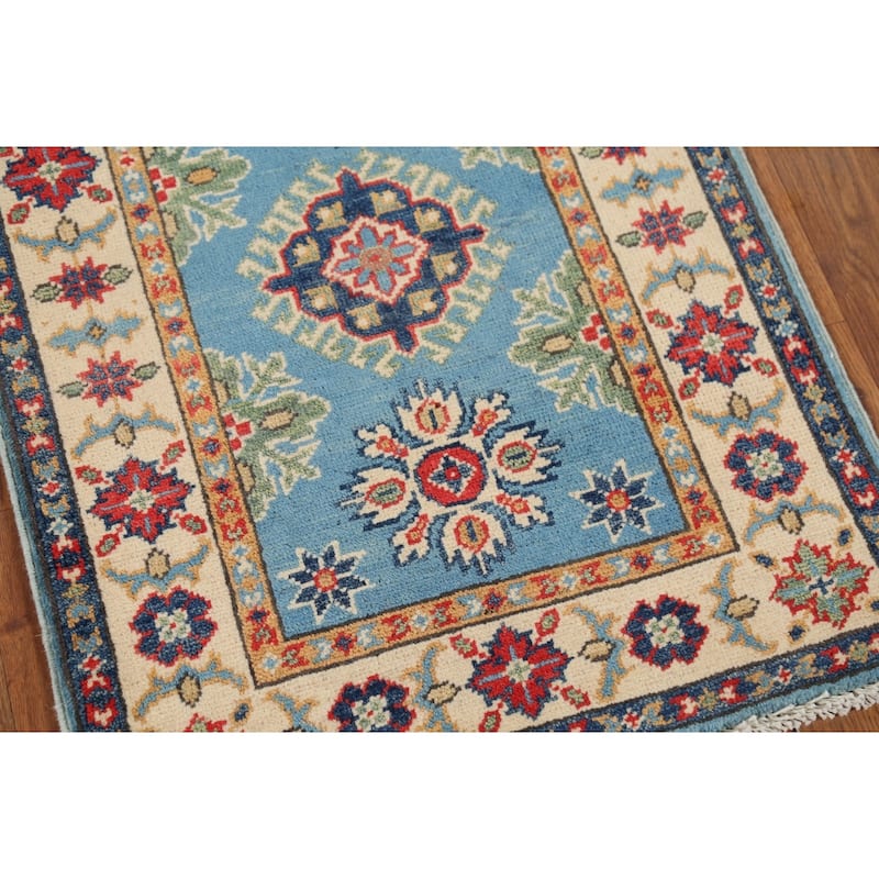 Light Blue Geometric Kazak Accent Rug Hand-Knotted Wool Carpet - 2'1"x 2'10"
