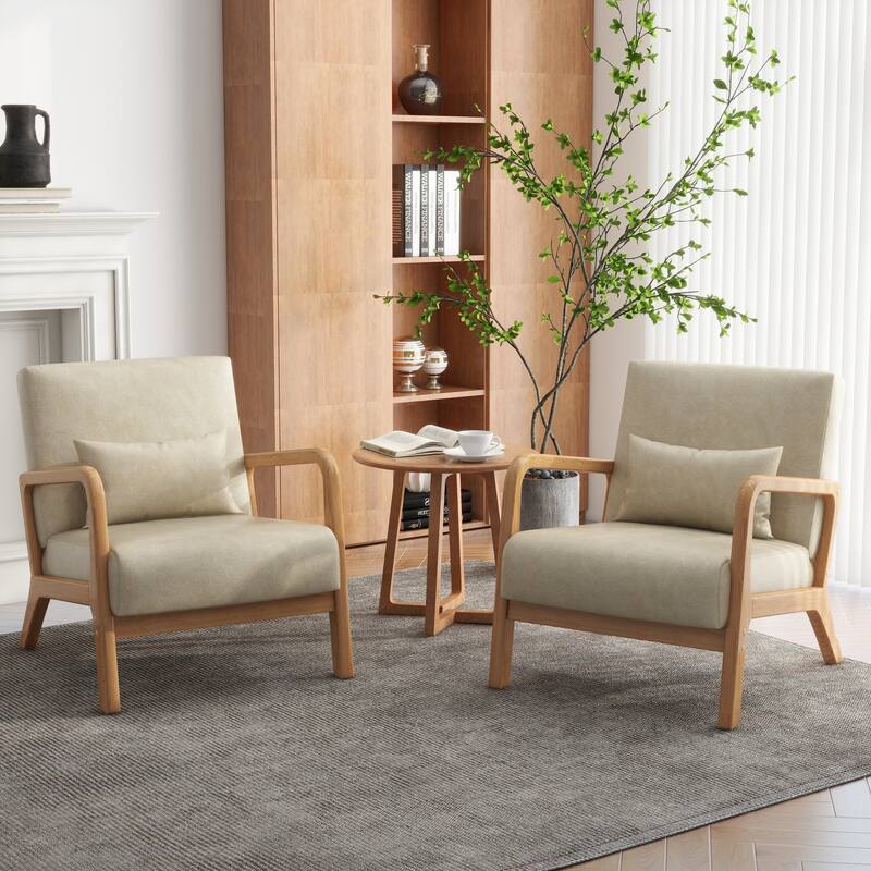 Upholstered Armchair Leisure Chair Accent Chairs Set of 2 with Pillow - Cream/PU/Natural Wood