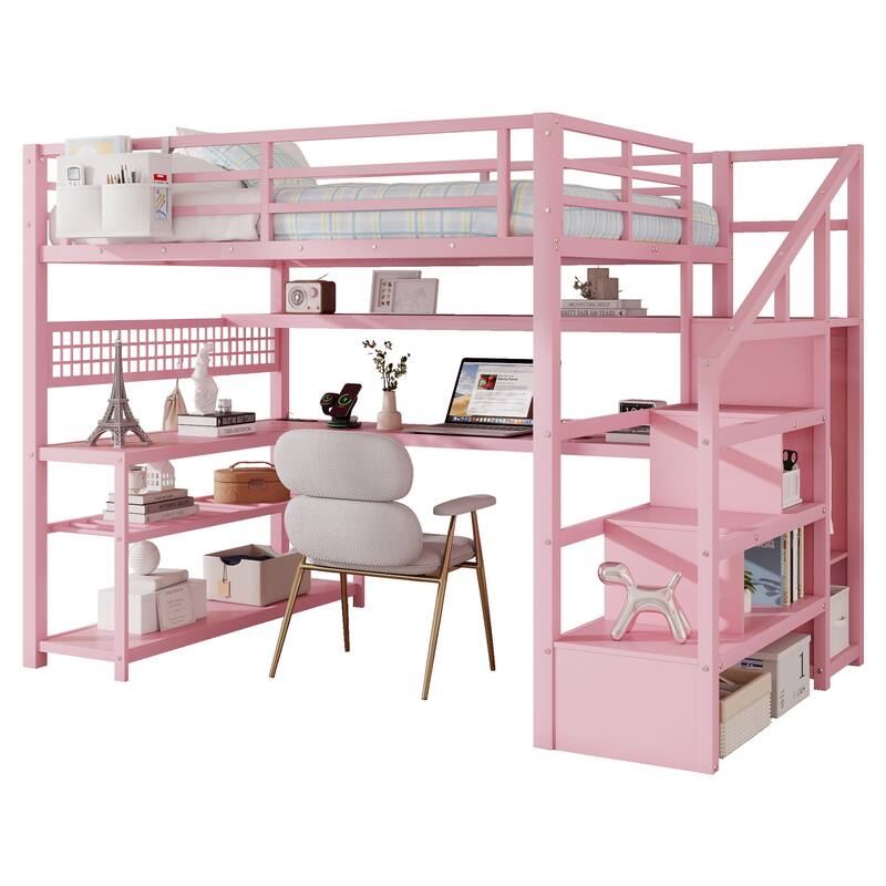 Roomfitters Full Metal Loft Bed, L-Shaped Desk and LED Staircase Wardrobe with Charging Station for Girls Bedroom