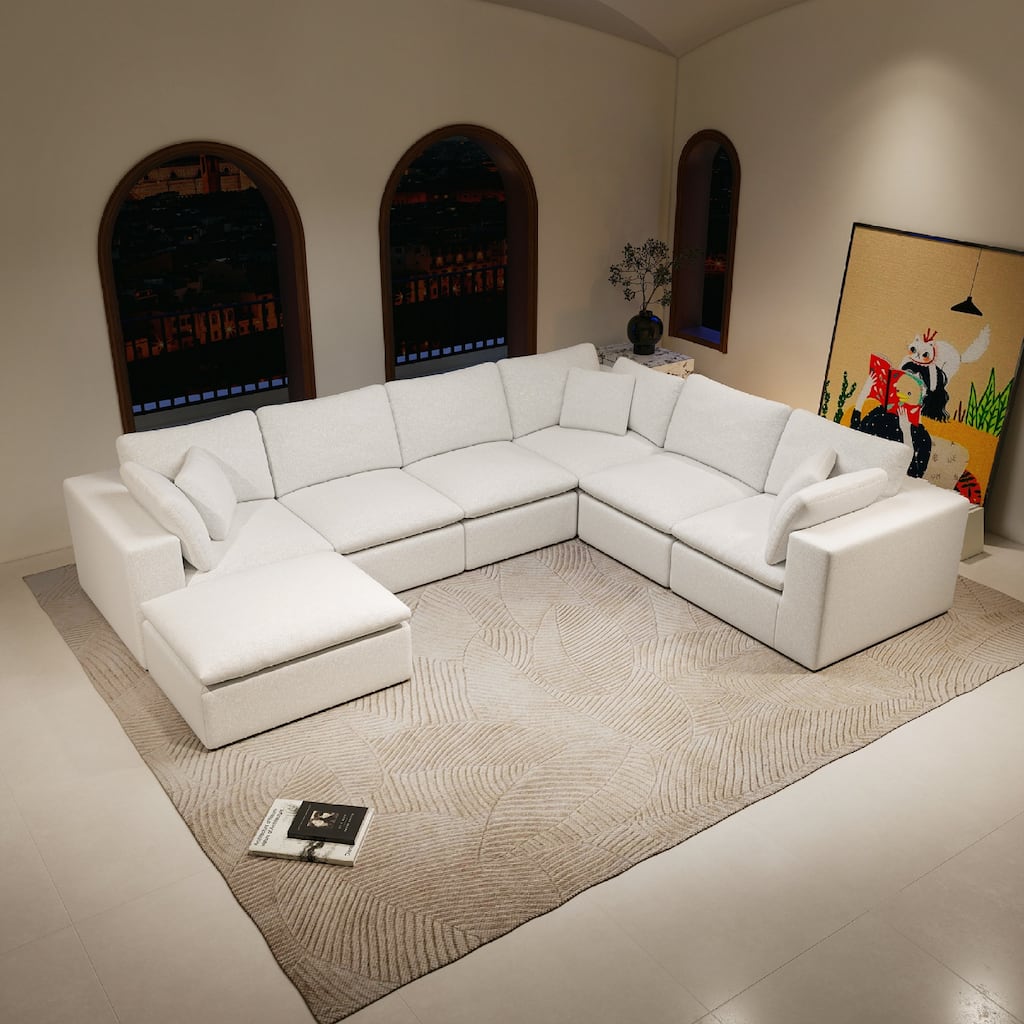 Roomfitters 137.8" Modular Sectional Sofa, 7-Piece Compressed Cloud Couch, No Assembly Required, Plush Corduroy, White