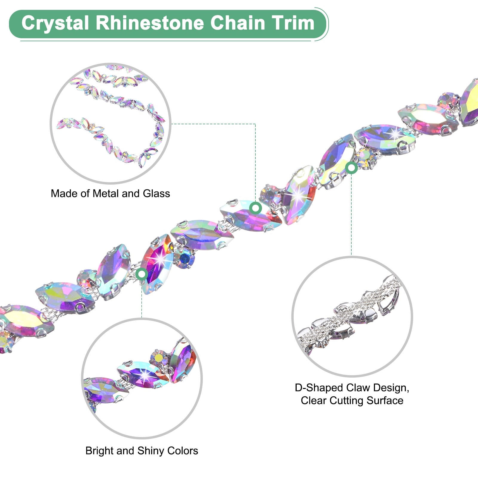 Crystal Rhinestone Chain Trim, 1 Yard Horse Eye Flower Chain [White]