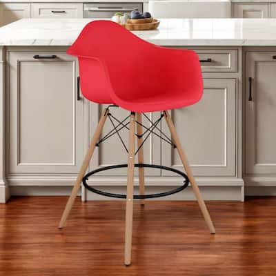 HomeRoots 28" Red And Brown Heavy Duty Plastic And Solid Wood Low Back Counter Height Bar Chair