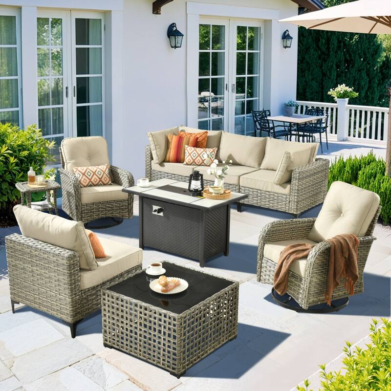 HOOOWOOO 9-piece Wicker Outdoor Patio Furniture Fire Pit Set with Swivel Chairs - Beige
