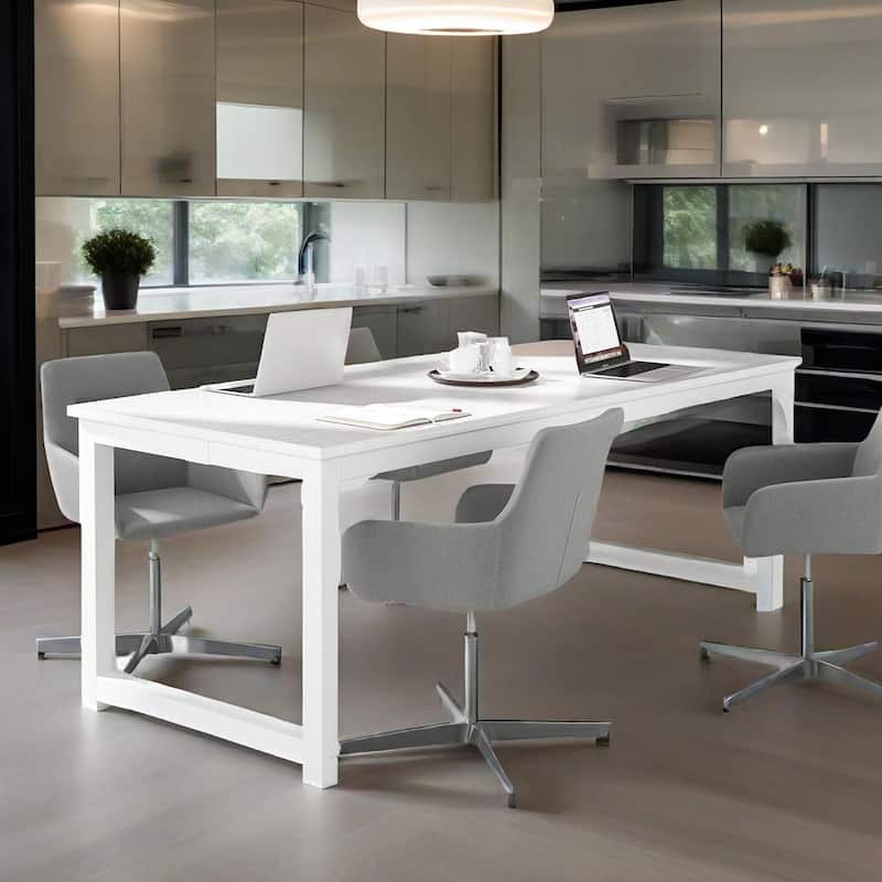 Modern Executive Desk with Wood-Grain Top, White Accents & Metal Frame Spacious Computer & Office Workstation