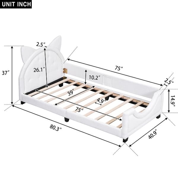 dimension image slide 0 of 2, Teddy Fleece Twin Size Upholstered Daybed w/ Ears Shaped Headboard