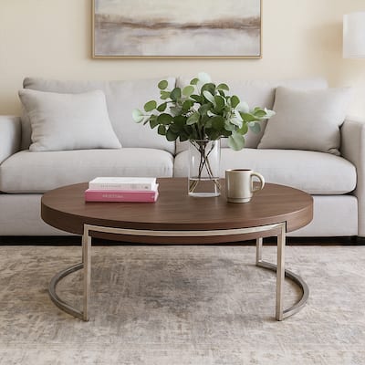 Dami 43 Inch Coffee Table, Round Top, Open Metal Frame, Walnut Brown Finish