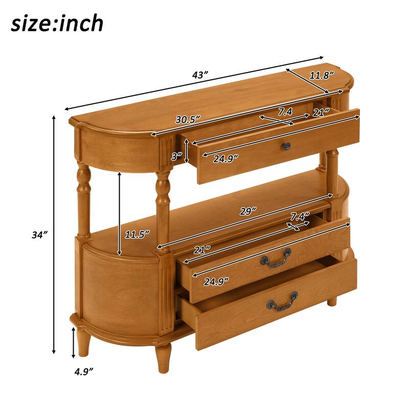 Retro Curved Wood Console Table with 3 Drawers, 43" Entry Table with Storage Shelf, Sofa Table with Solid Wood Legs