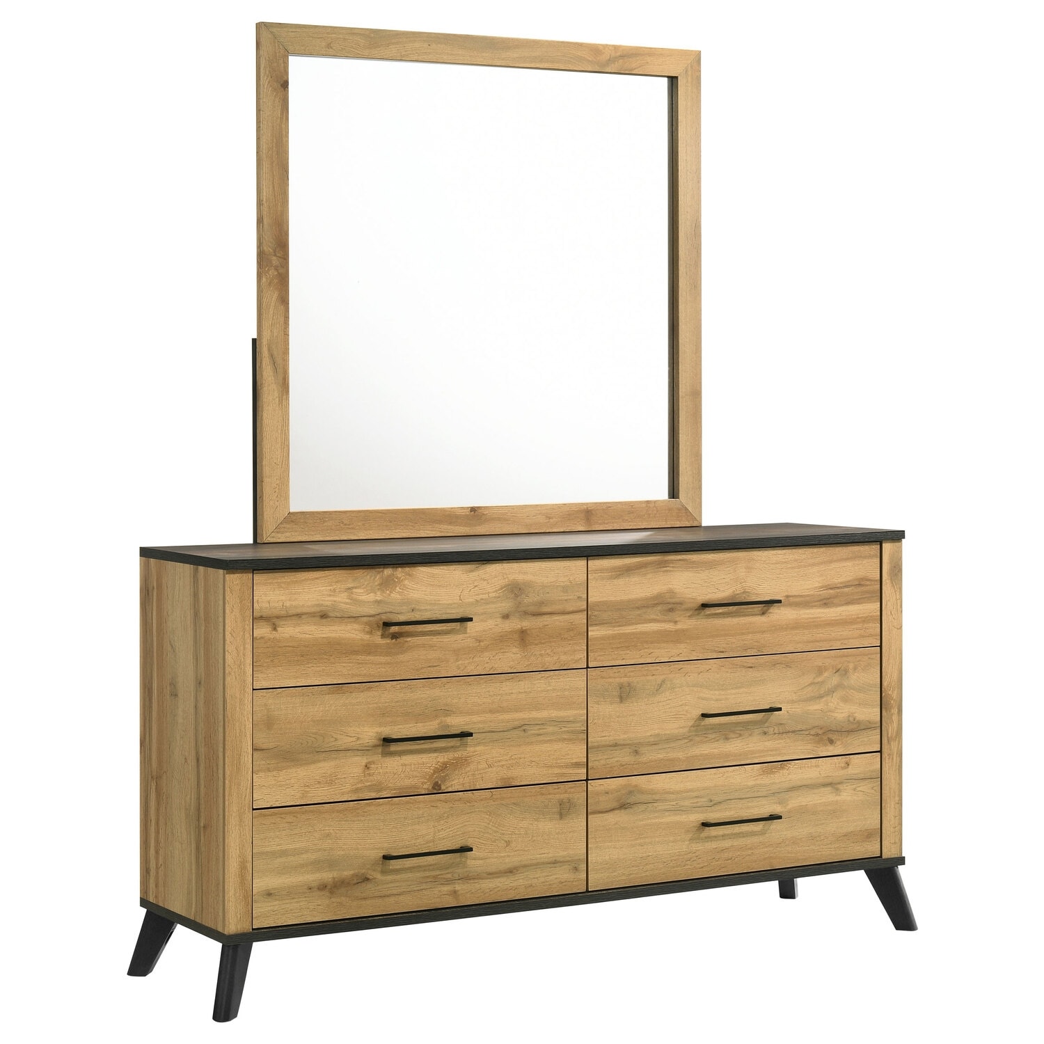6-Drawer Natural Pine Dresser and Mirror Set with Rustic Modern Finish, Smooth Glide Drawers, and Spacious Storage