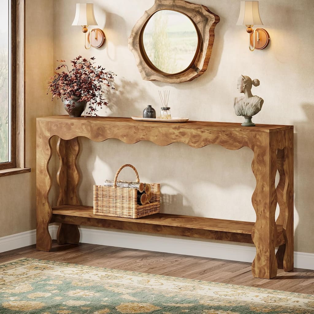 63 Inches Long Farmhouse Console Table with 2-tier Shelf, Brown