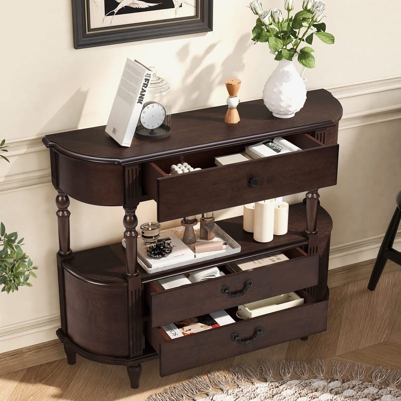 Retro 43" Curved Wood Console Table with 3 Drawers and Open Shelf, Sofa Table Behind Couch for Living Room and Hallway Storage