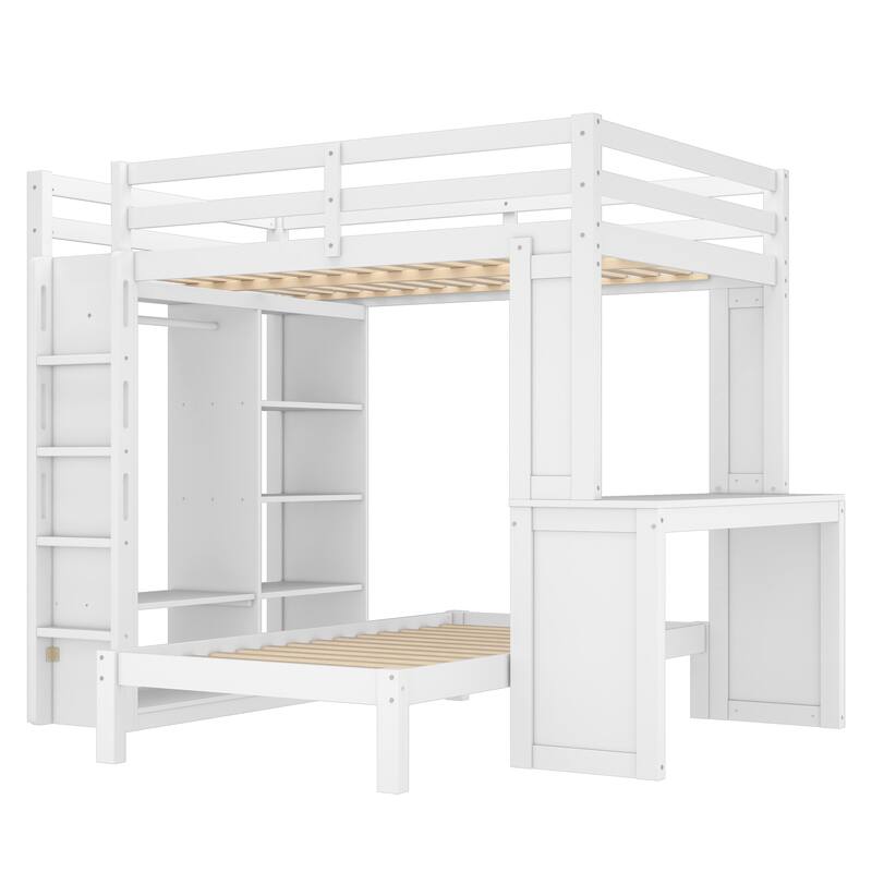 Full Over Twin Bunk Bed with Built-in Desk, Shelves and Wardrobe, Wood Bunk Bed Frame with Platform Bed and Loft Bed
