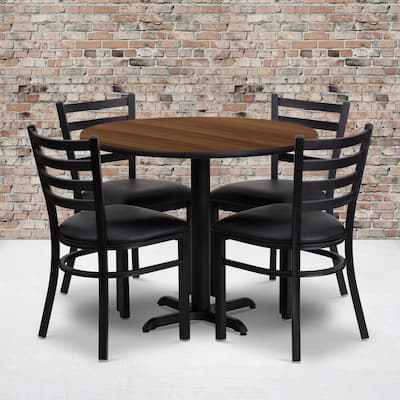 36'' Round Laminate Table Set with X-Base and 4 Ladder Back Metal Chairs