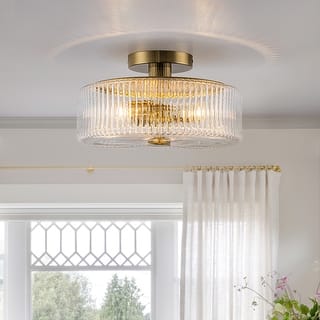 3-Light Modern Gold Dome Semi Flush Mount Lights with Ribbed Glass Shape - Brass