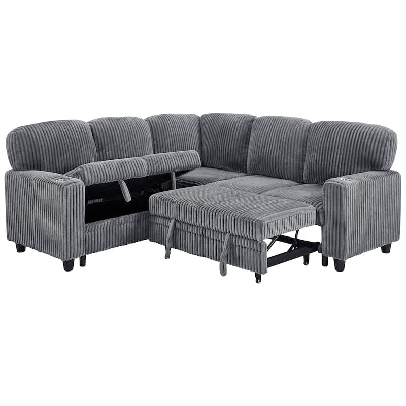 GDFStudio - Modern 5-Seat Sectional L-Shaped Sofa with Pull-Out Sleeper Bed, Storage, Cup Holder & USB Charging - 81"W