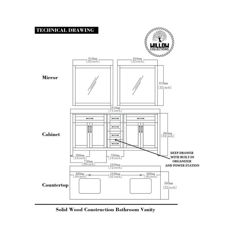 Willow Collections 72 in. W x 22 in. D Cambridge Double Sink Bathroom Vanity with Countertop