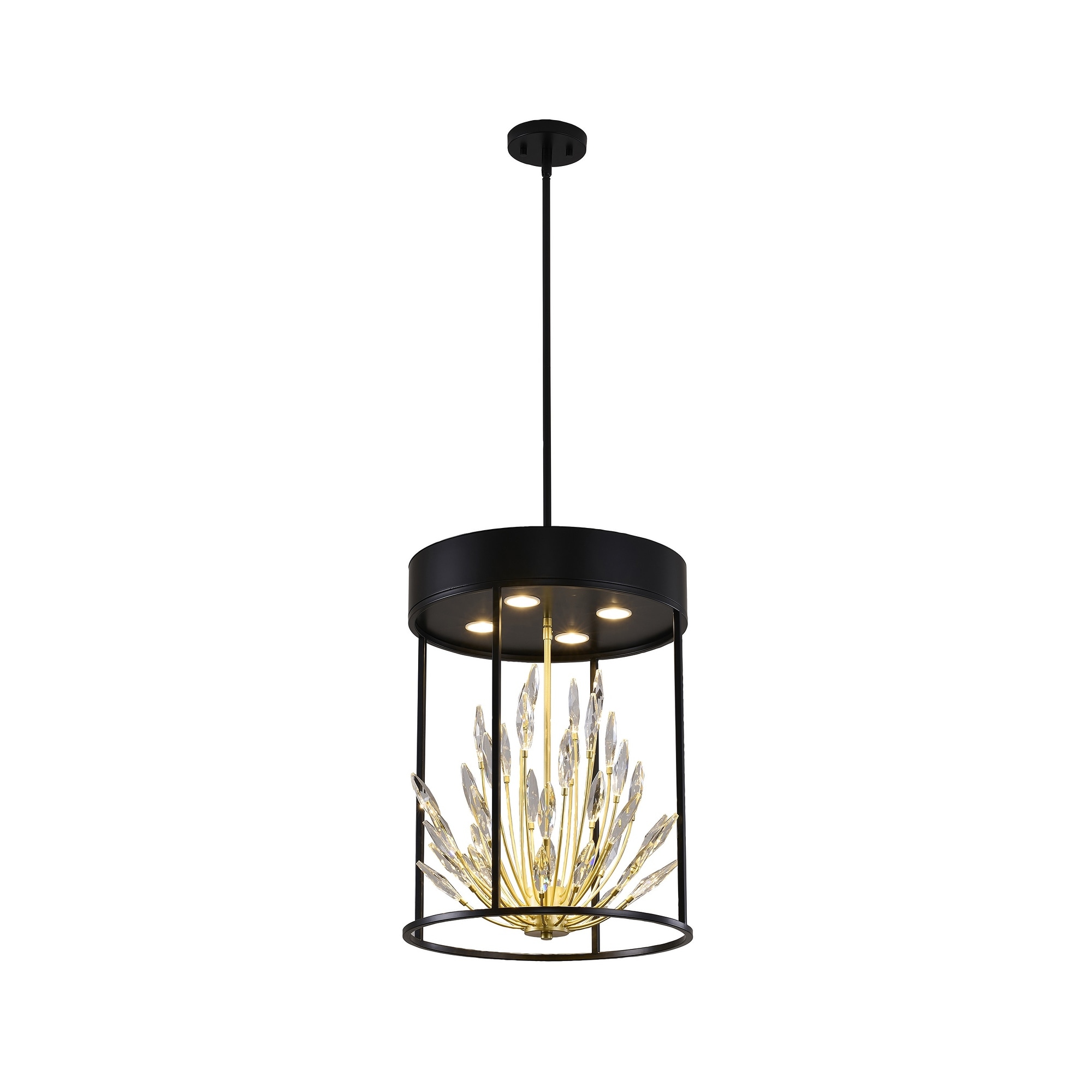 Transitional 4-Light Matte Black Pendant With Gold Branches And Clear Crystals