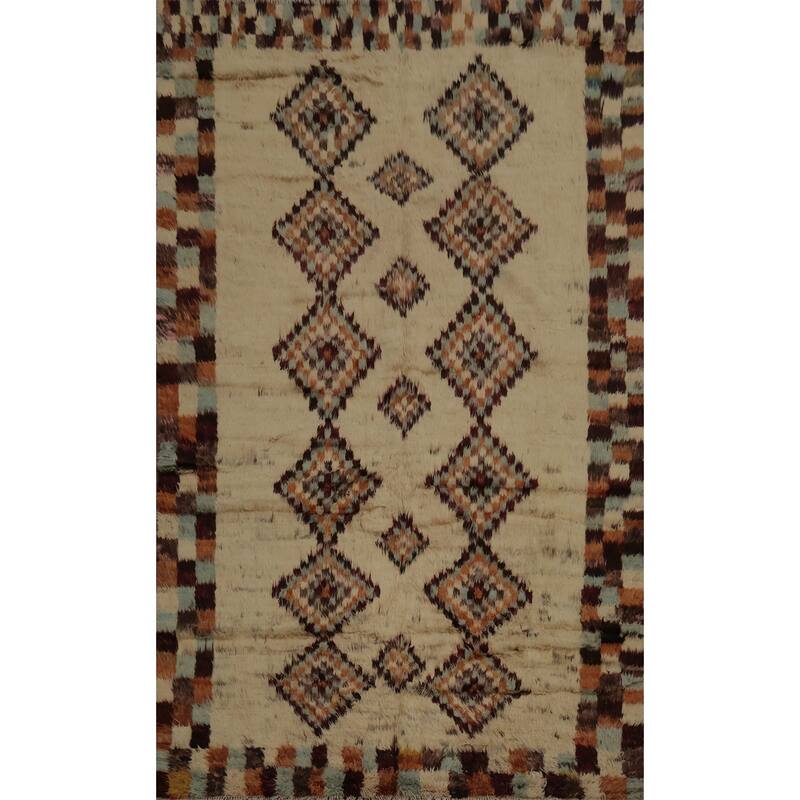 Hand Knotted Oriental 100% Wool Carpet Modern Tribal Beige & Ivories Moroccan Area Rug - 9' 8'' X 6' 8''