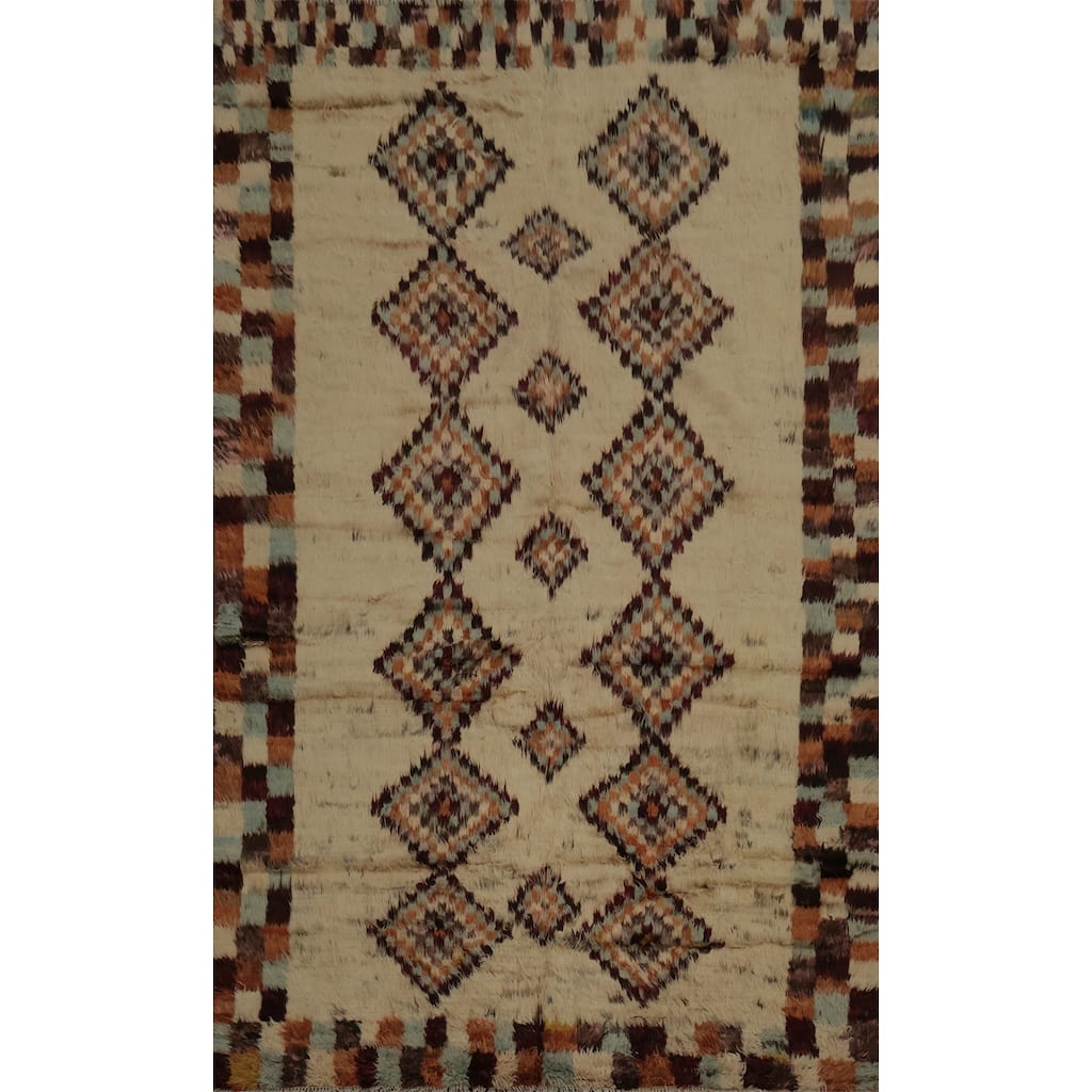 Hand Knotted Oriental 100% Wool Carpet Modern Tribal Beige & Ivories Moroccan Area Rug - 9' 8'' X 6' 8''