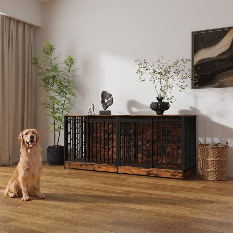 Large Double Dog Crate Furniture for Medium and Large Dogs, Rustic Industrial Dog Kennel End Table