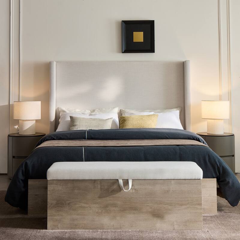 Rustic Modern Farmhouse Upholstered Wingback Bed with Textured Ivory Canvas Chenille, Queen Size, Sturdy Wooden Base