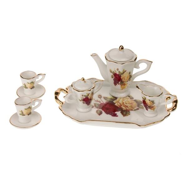 Set Of 8 Miniature Tea Set With Yellow And Red Roses Decoration - Bed ...