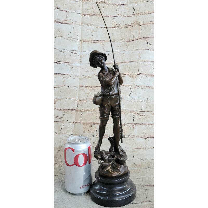 Signed Original Milo Boy Imitative Fishing With Duck Bronze Sculpture Statue Figurine Art