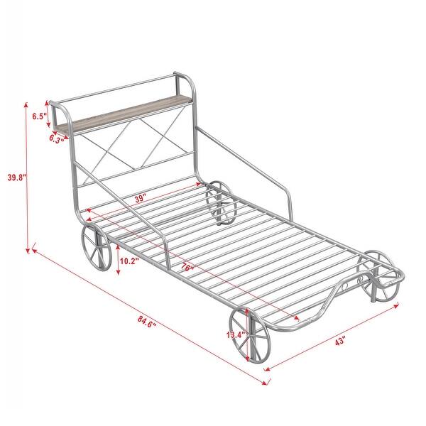 Silver Metal Car Platform Bed with Guardrails, Shelf, and Four Wheels